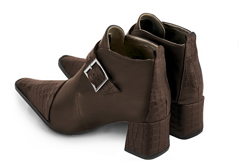 Dark brown women's ankle boots with buckles at the front. Tapered toe. Medium block heels. Rear view - Florence KOOIJMAN